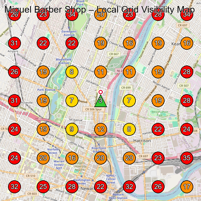 Miguel Barber Shop GeoGrid visibility map for Barber Shop in Newark